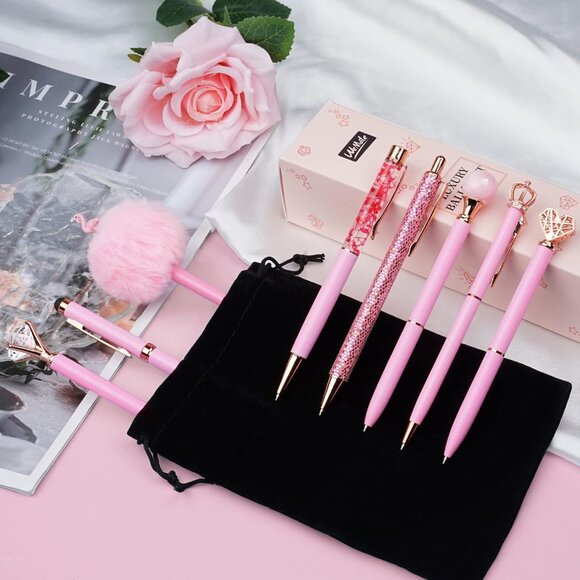 8Pcs Ballpoint Pens Set Metal Crystal Diamond Glitter for Journaling Pink Pen Bl - Picture 3 of 9